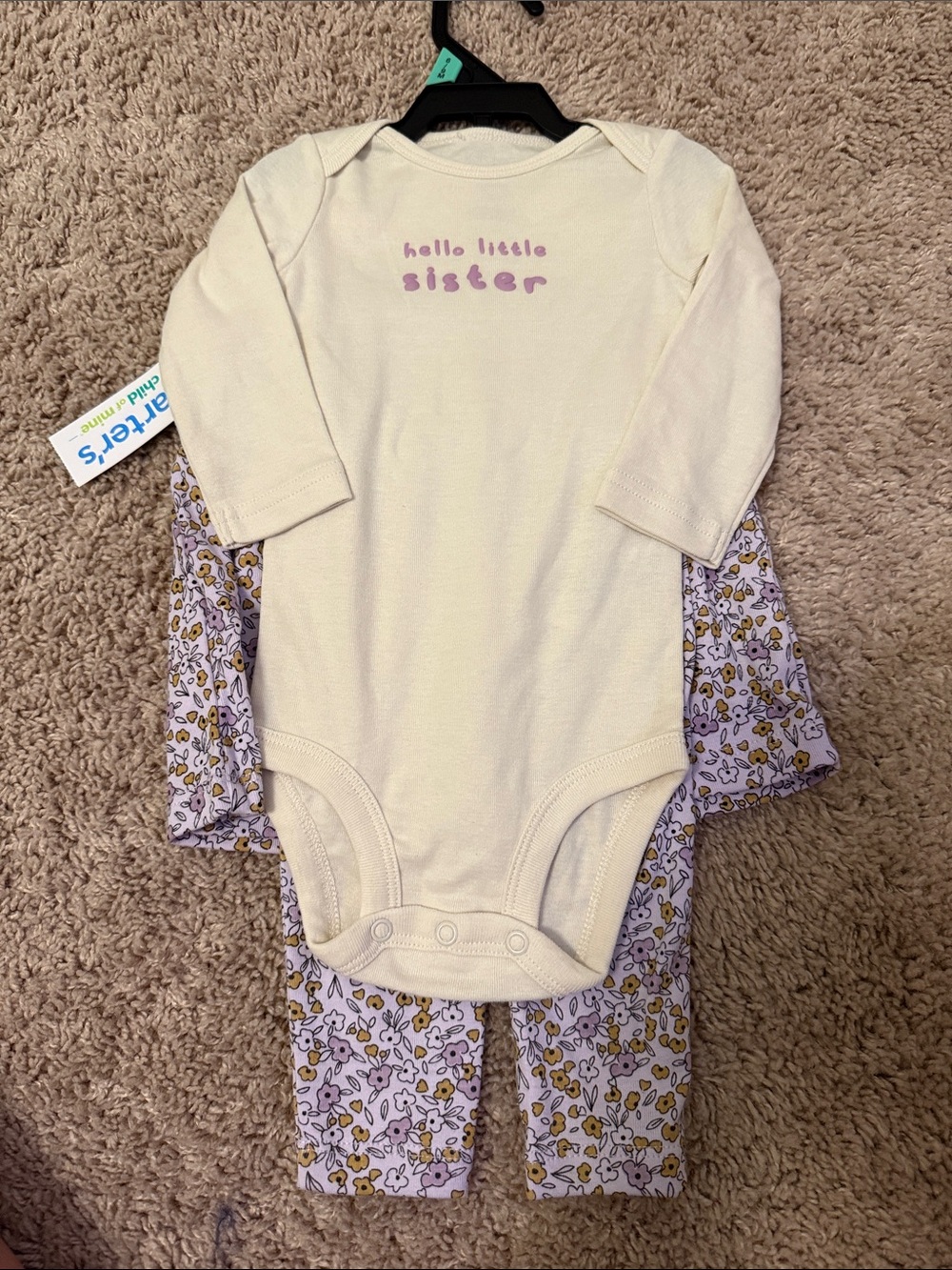 Carter's cream and lavender "hello little sister" bodysuit with floral leggings